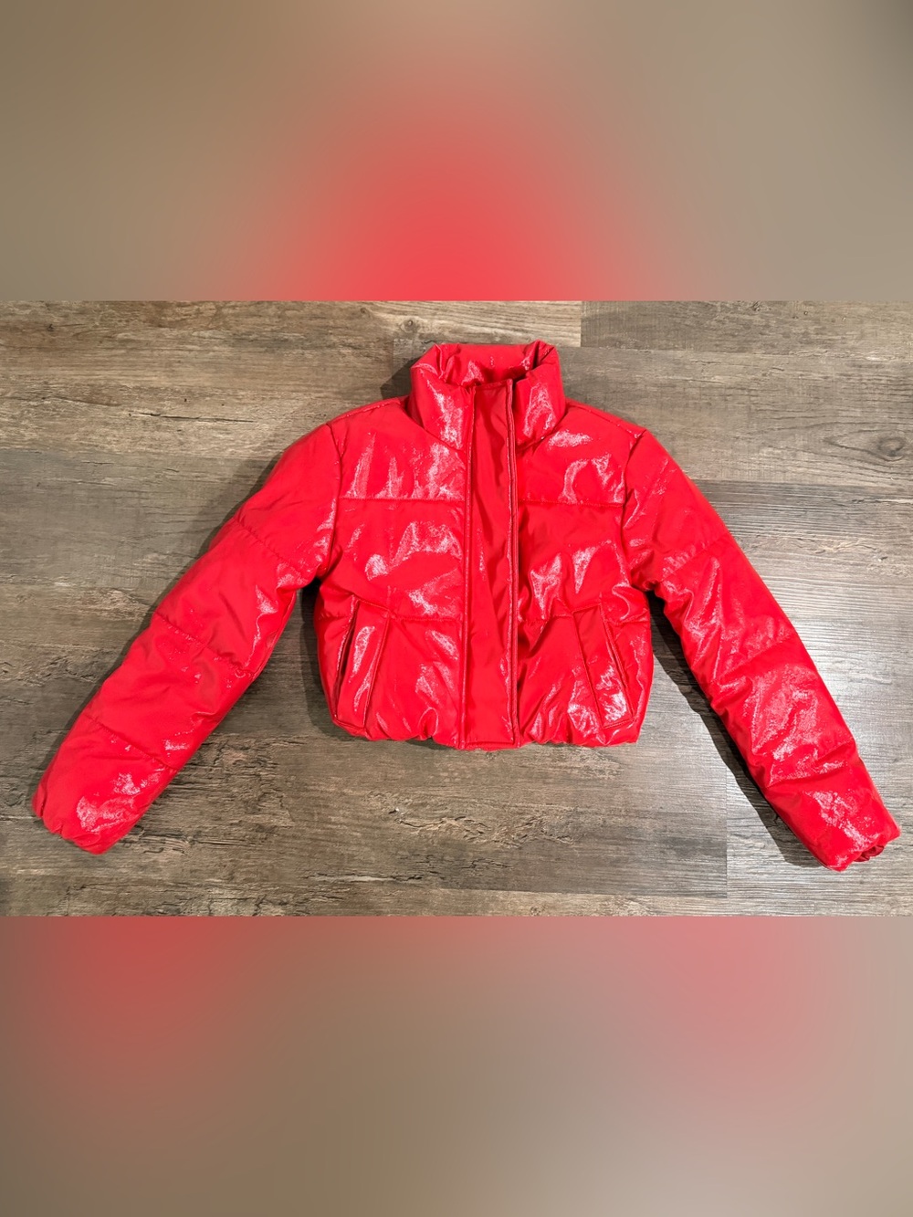 Ambiance Red Shiny Puffer Jacket - Women's Short Coat
